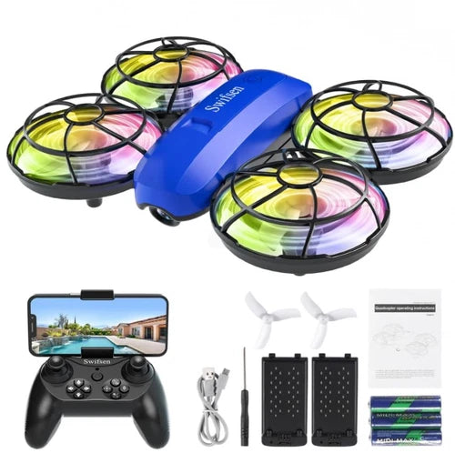 Kids RC drone set with blue main drone and black controller, propeller guards on
