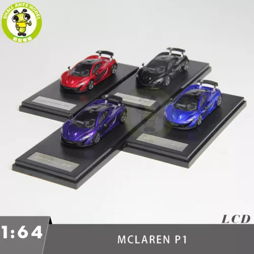 1:64 McLaren P1 diecast car set with red, black, purple and blue models on bases