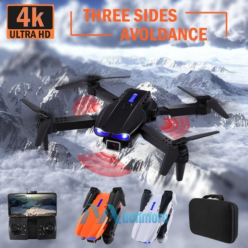 Foldable black quadcopter drone with blue LED lights and dual cameras