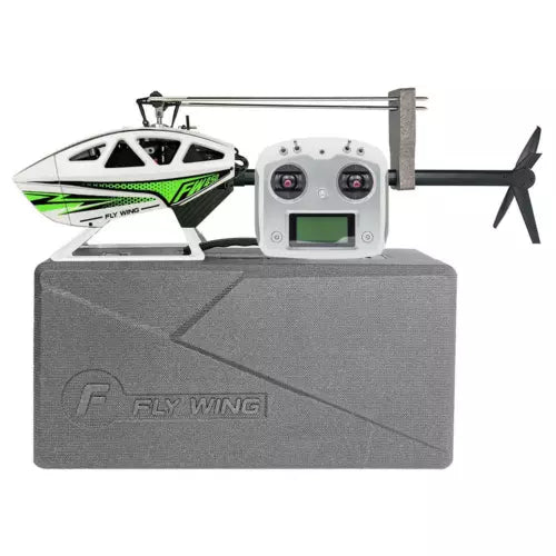 White RC helicopter drone model with green stripe, controller with screen and two cameras