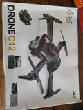 C12 drone box art of gray quadcopter with dual cameras and four propellers