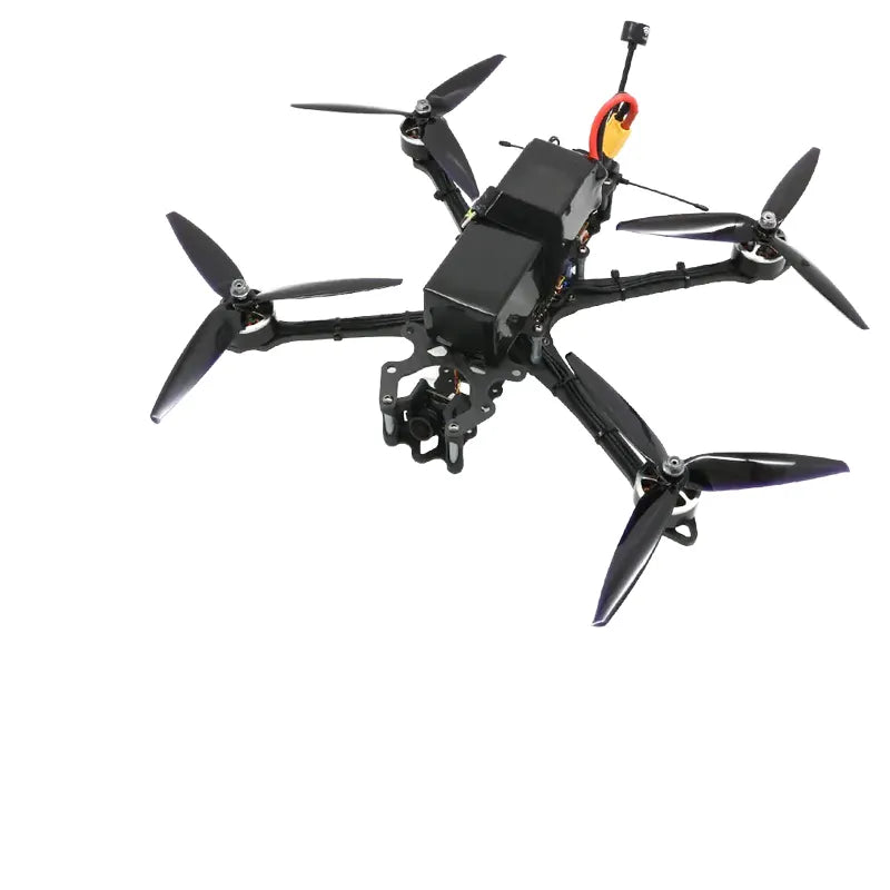 Black FPV racing quadcopter drone with four propellers and central camera module