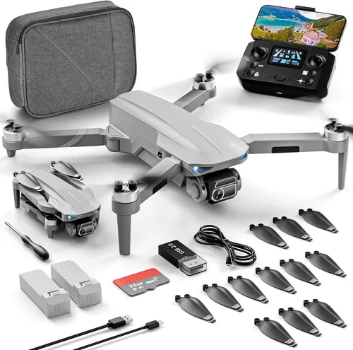 Gray foldable drone with camera, remote, batteries, spare propellers, carrying bag