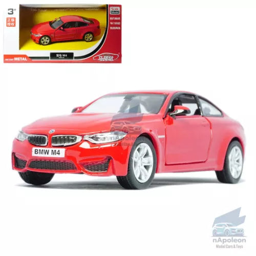 1:36 BMW M4 Coupe red alloy diecast model car, front three-quarter view
