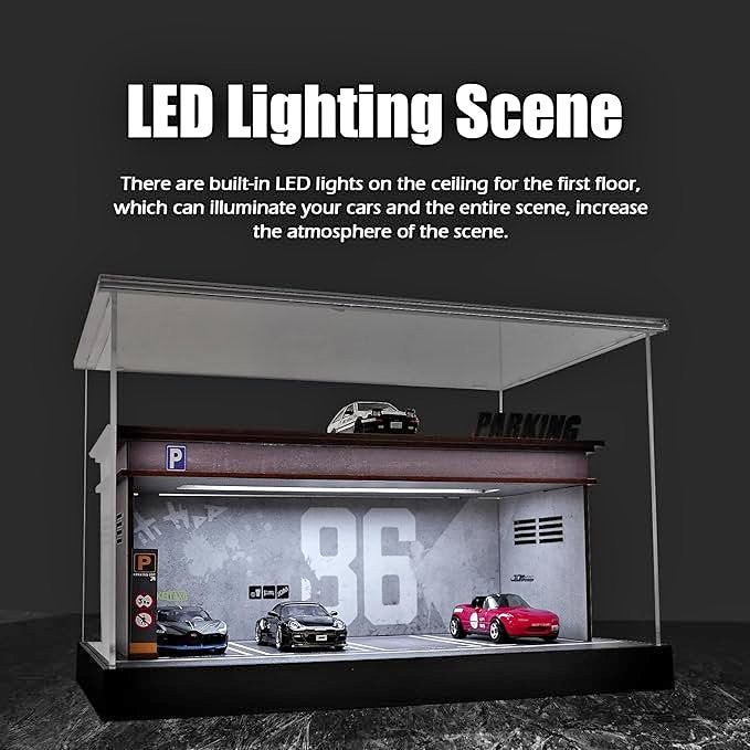 LED parking garage model with 3 cars, lit interior and 36 detail
