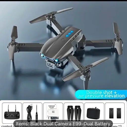 Black folding quadcopter drone with four propellers and blue status lights