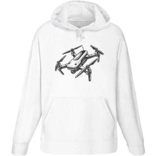 White adult pullover hoodie with hood, front pocket, and drone graphic