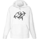 White adult pullover hoodie with hood, front pocket, and drone graphic