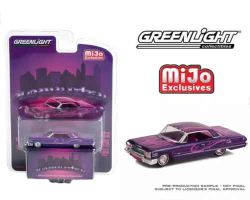 Greenlight 1:64 diecast car model of a 1963 Impala SS in purple, detailed exterior