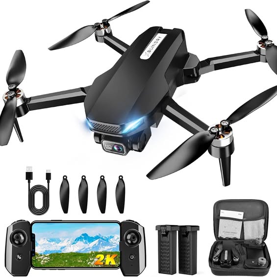 Black 2K FPV quadcopter drone with camera, controller with screen, and propellers