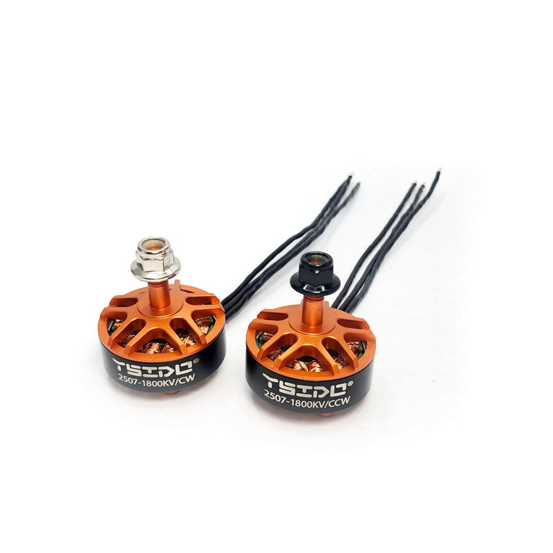 Orange brushless RC motors with three mounting holes and black wire leads, 1800KV