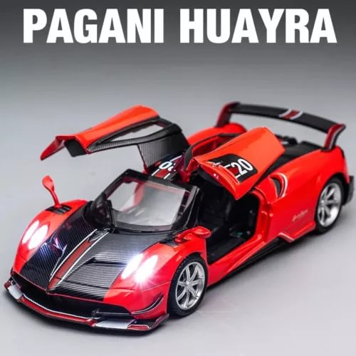 Red alloy model supercar with black carbon-fiber hood and rear wing