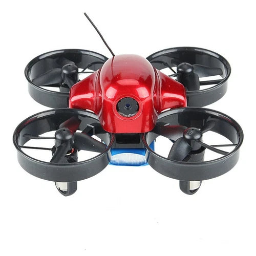 Red FPV quadcopter drone with four black propellers and front camera