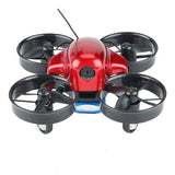 Red FPV quadcopter drone with four black propellers and front camera