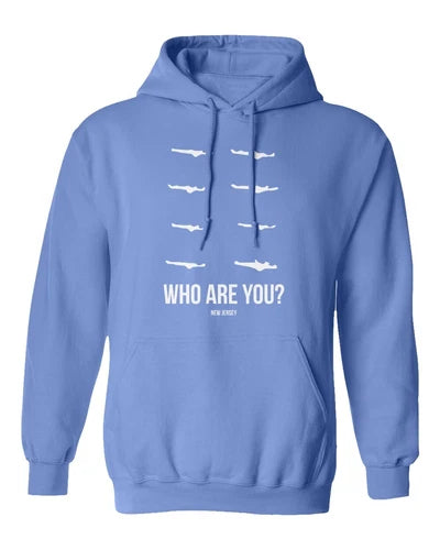 Unisex blue hooded sweatshirt with drone graphic and 'WHO ARE YOU?' front print