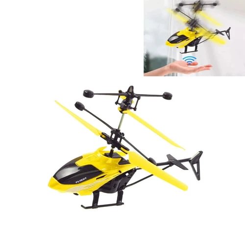 Mini RC helicopter drone toy with yellow-and-black body and four rotor blades