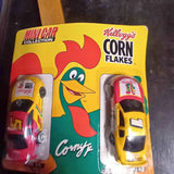 Diecast car set in yellow blister packaging, two miniature cars shown