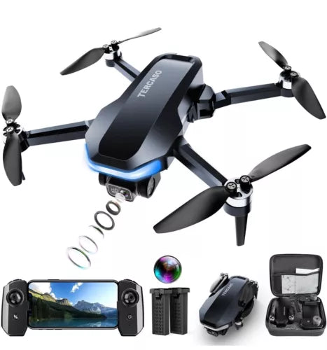 Foldable black quadcopter drone with built-in camera and 4 propellers