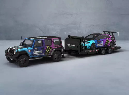 Diecast metal flatbed trailer model with purple monster truck and race car