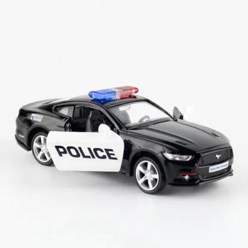 1:36 black police diecast toy car with red-blue light bar and POLICE door panel