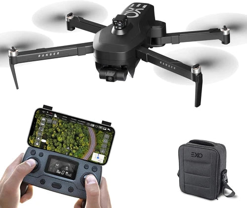 Camera drone with foldable arms, handheld controller, and carrying case