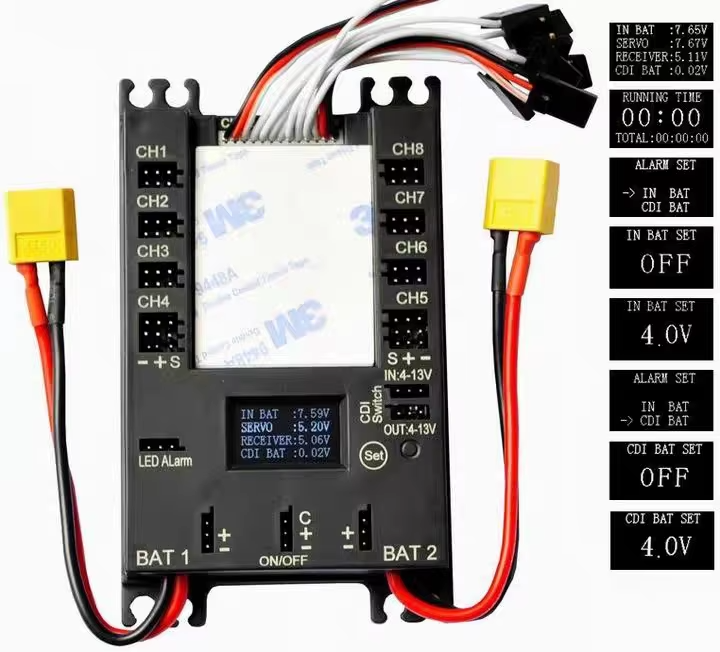 RC drone power distribution board with CH1-CH8 ports, BEC, and wiring connectors