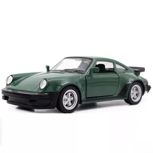 Porsche 911 Turbo diecast toy car in dark green, front view with wheels