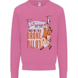 Pink men's crewneck sweatshirt with drone pilot graphic reading Trust Me I'm a Drone Pilot