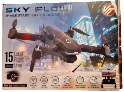 Boxed aerial camera drone with image stabilization and remote controller
