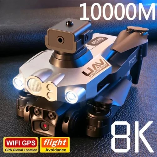 Blue and silver GPS drone with front triple-camera module and dual landing legs