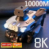 Blue and silver GPS drone with front triple-camera module and dual landing legs