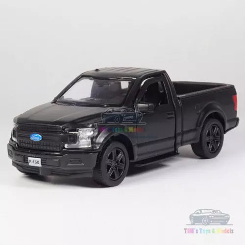 Black matte diecast pickup truck model with front 3/4 view and open bed