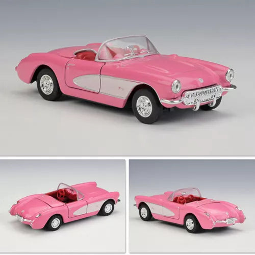 Pink 1957 Chevrolet Corvette convertible diecast model car, 1:36 scale