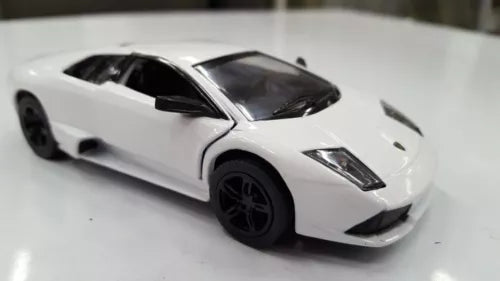 White diecast toy car with black wheels, front-side view