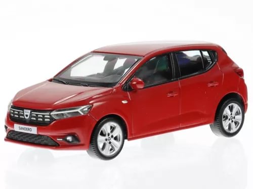 Red Dacia Sandero 1:43 diecast model car, front 3/4 view