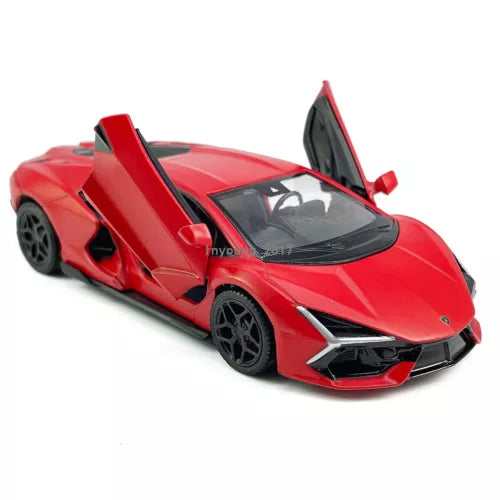 Red diecast model car with black wheels and raised scissor doors, alloy metal body