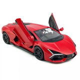 Red diecast model car with black wheels and raised scissor doors, alloy metal body