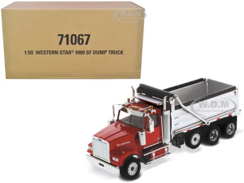 Red and silver 1:50 dump truck model with raised rear bed and cab details