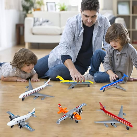Diecast toy airplane 6-pack with colorful plastic body models, wing details