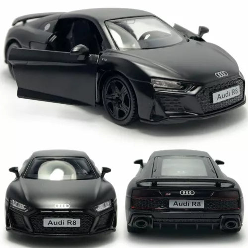 Black Audi R8 1:36 scale pull-back diecast model car with front and rear views