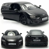 Black Audi R8 1:36 scale pull-back diecast model car with front and rear views