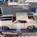 White 1969 Mustang Fastback diecast model car with black stripes and red details