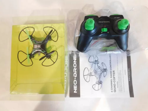 Mini RC drone kit with remote controller, shown in clear retail packaging