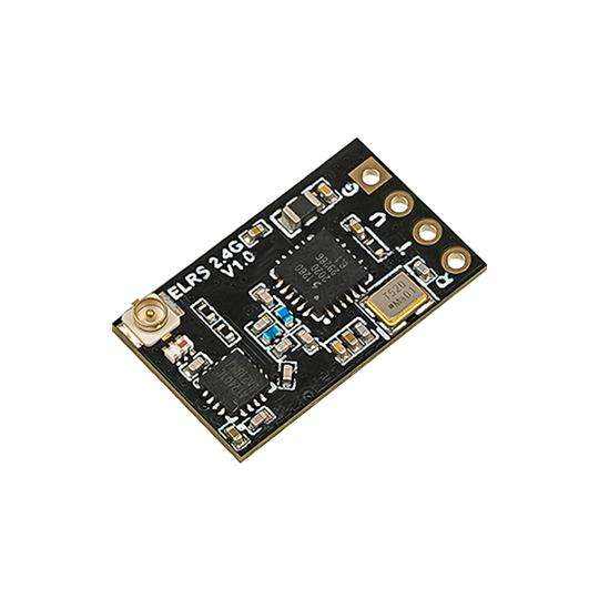 Nano FPV ELRS receiver module with black PCB and gold mounting holes