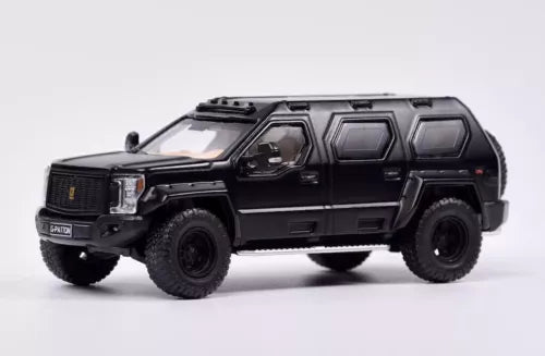 Black armored SUV diecast model car with rugged tires and grille