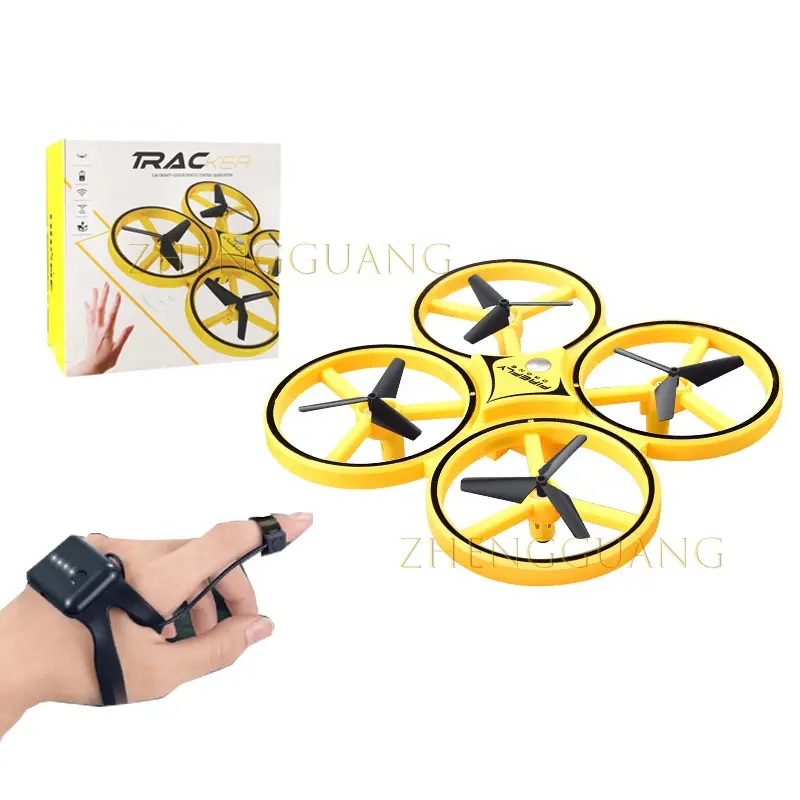 Mini quadcopter drone with yellow LED ring lights and four propellers, shown with remote