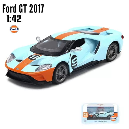 Light blue and orange Ford GT 2017 I:42 diecast model car with Gulf decals