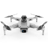 Foldable quadcopter drone with front camera and four propellers, gray body