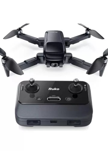 Foldable quadcopter drone with remote controller, four propellers and two joysticks