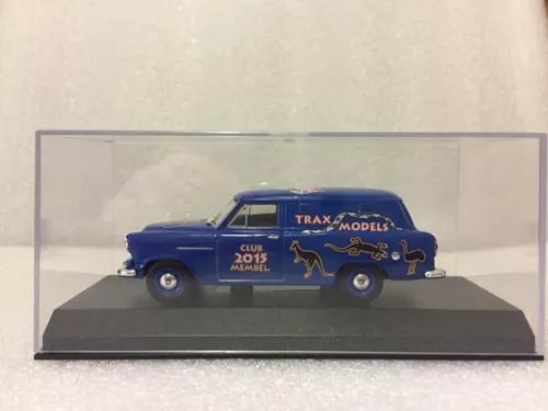 Blue diecast model panel van in display case